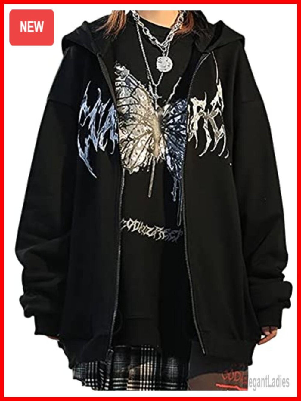 Oversized Graphic Printed Zip Up Hoodie Butterfly Streetwear Grunge Jacket